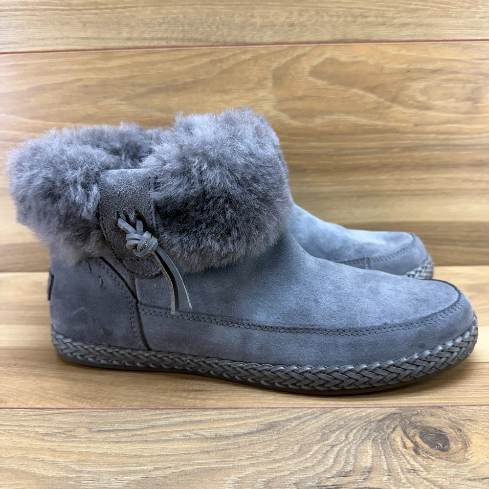 UGG Elowen Ankle Boot Womens 10 Gray Suede Sherpa Fur Zip Braid Cozy Cottagecore